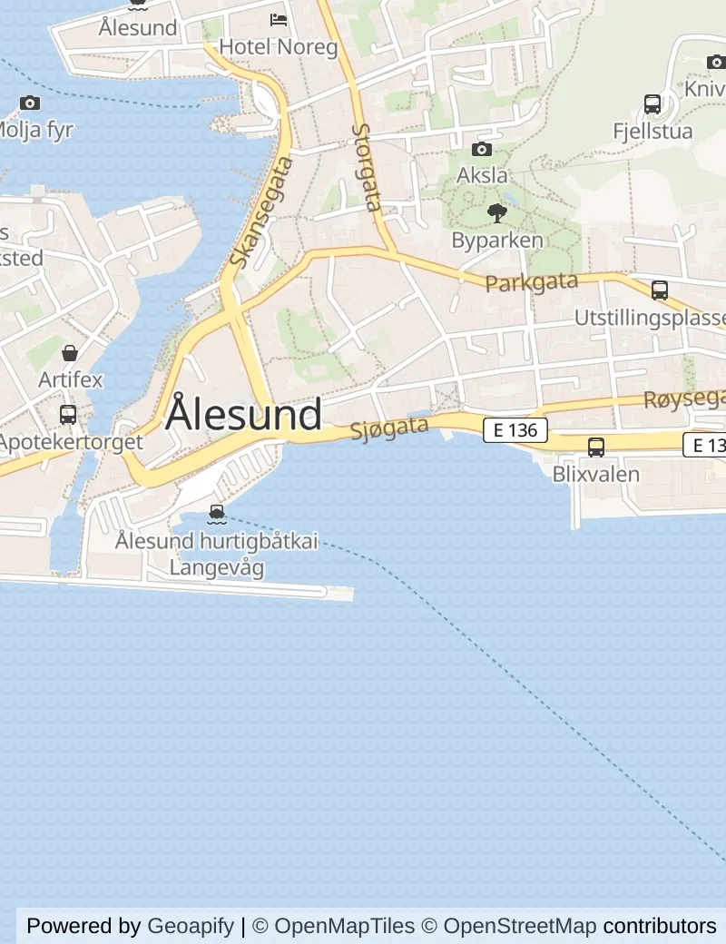 Street map of Alesund, about half an hour's walk from side to side, with the cruise berth on it.