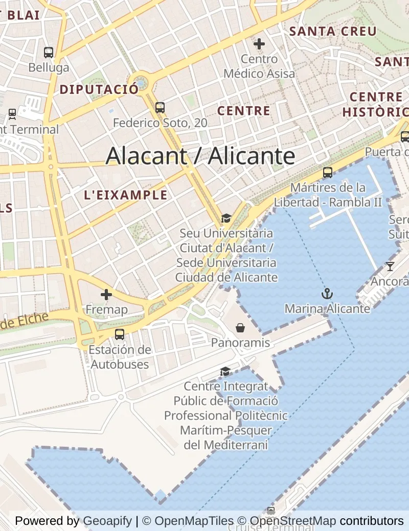 Street map of Alicante, about half an hour's walk from side to side, with the cruise berth on it.