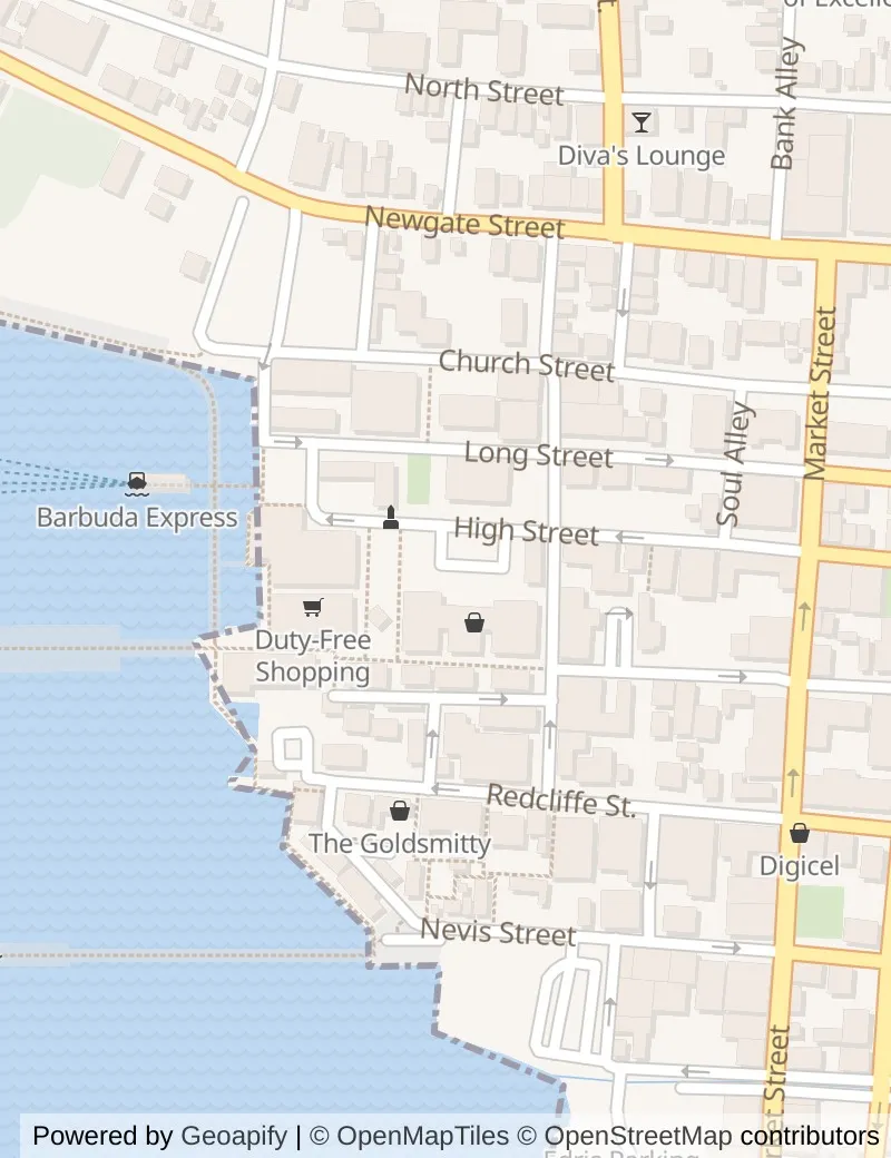 Closer street map of Antigua, about ten minutes' walk from side to side, showing the streets and what is on them.