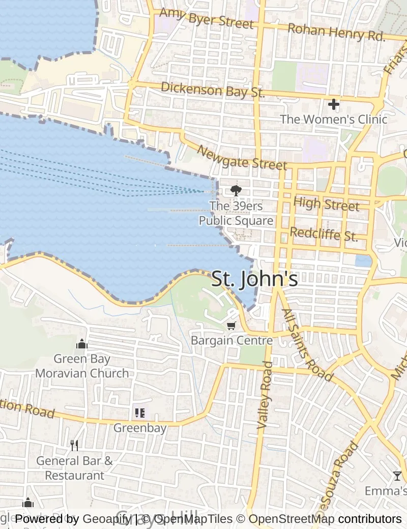 Street map of Antigua, about half an hour's walk from side to side, with the cruise berth on it.