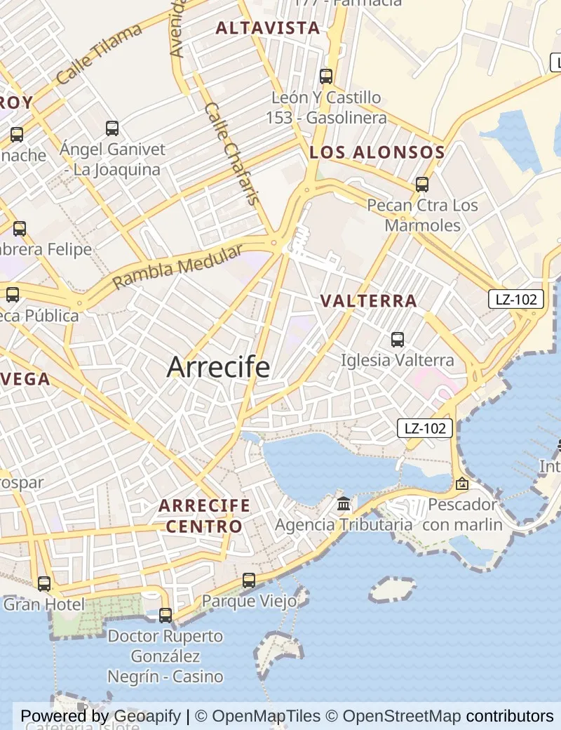 Street map of Arrecife de Lanzarote, about half an hour's walk from side to side, with the cruise berth on it.
