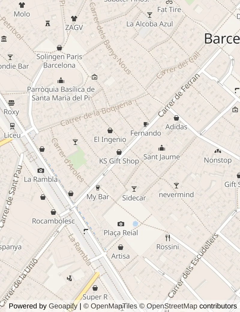 Closer street map of Barcelona, about ten minutes' walk from side to side, showing the streets and what is on them.