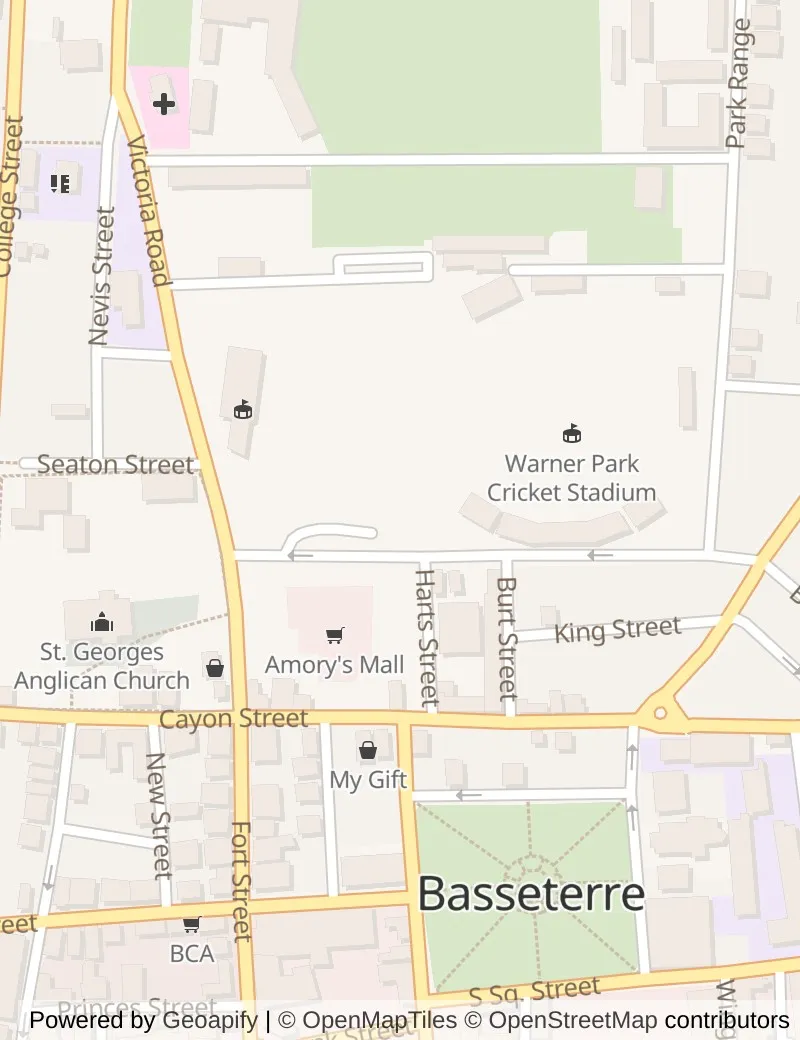 Closer street map of Basseterre, about ten minutes' walk from side to side, showing the streets and what is on them.