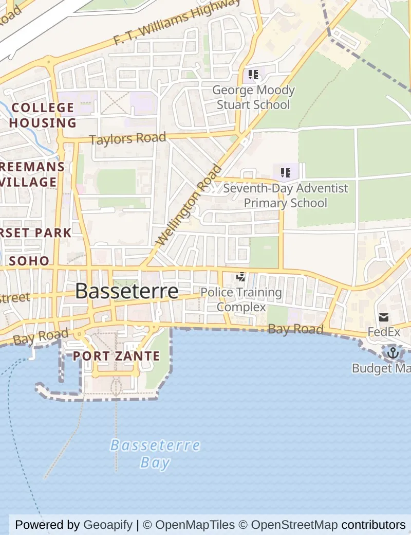 Street map of Basseterre, about half an hour's walk from side to side, with the cruise berth on it.
