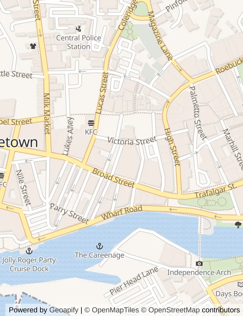 Closer street map of Bridgetown, about ten minutes' walk from side to side, showing the streets and what is on them.
