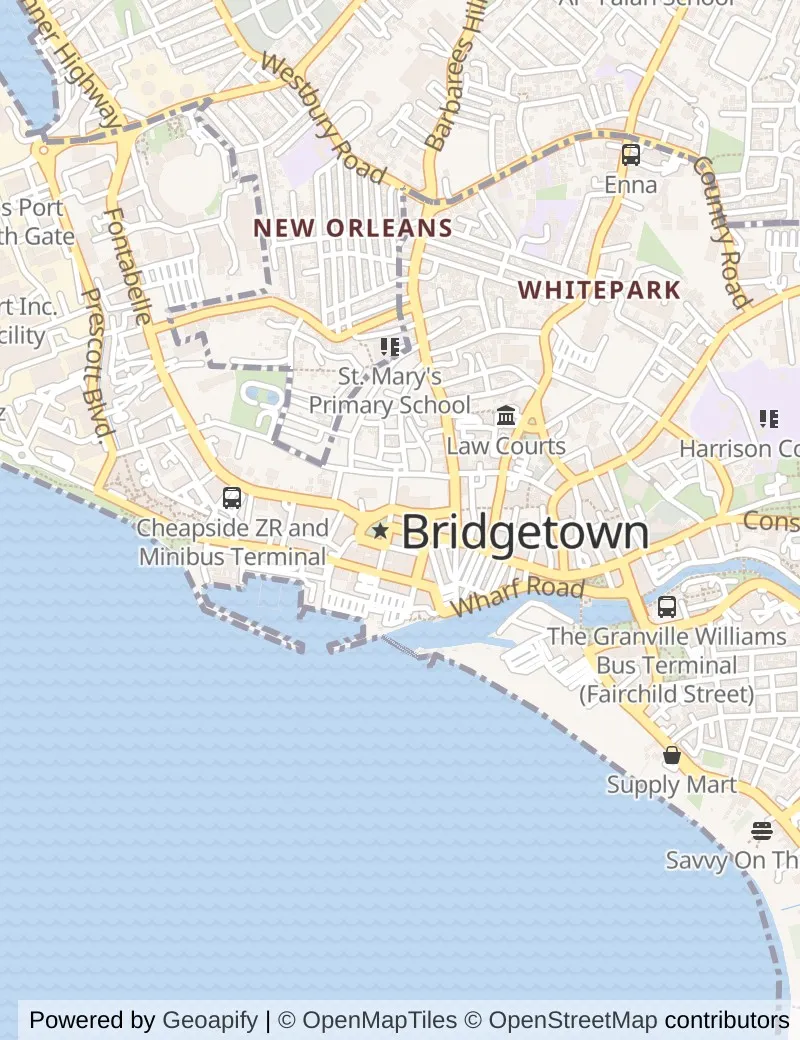 Street map of Bridgetown, about half an hour's walk from side to side, with the cruise berth on it.