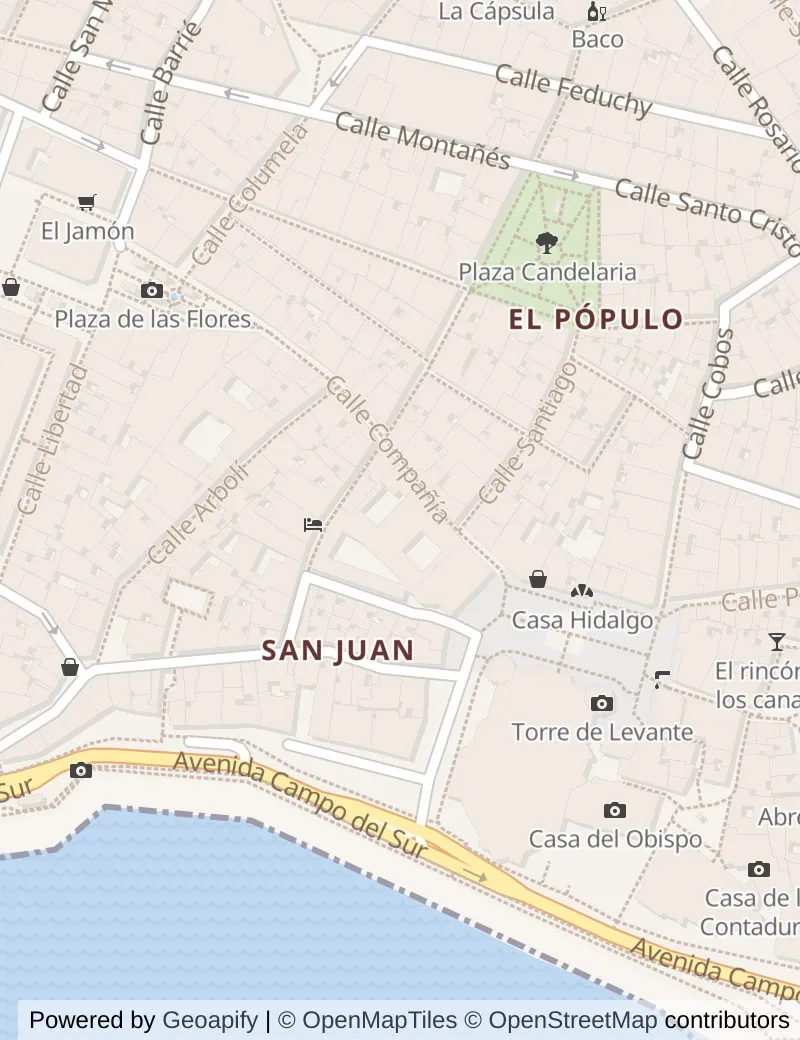 Closer street map of Cadiz (tours to Seville), about ten minutes' walk from side to side, showing the streets and what is on them.