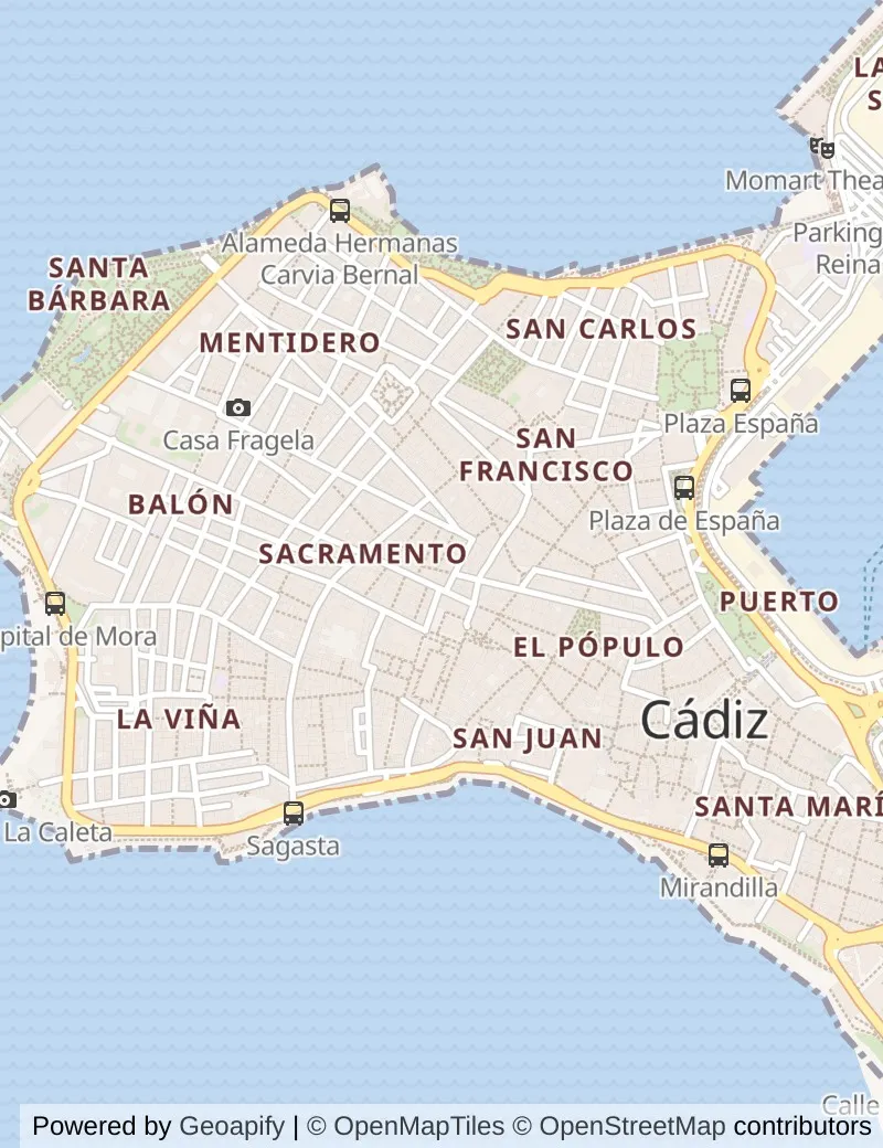Street map of Cadiz (tours to Seville), about half an hour's walk from side to side, with the cruise berth on it.