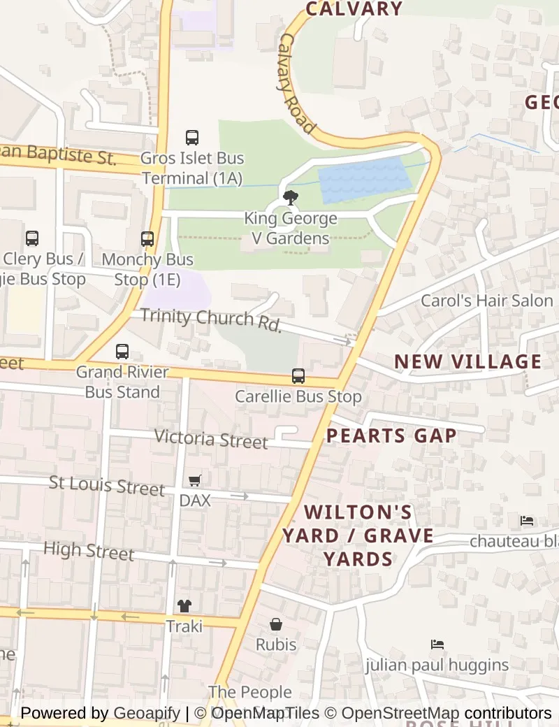 Closer street map of Castries, about ten minutes' walk from side to side, showing the streets and what is on them.