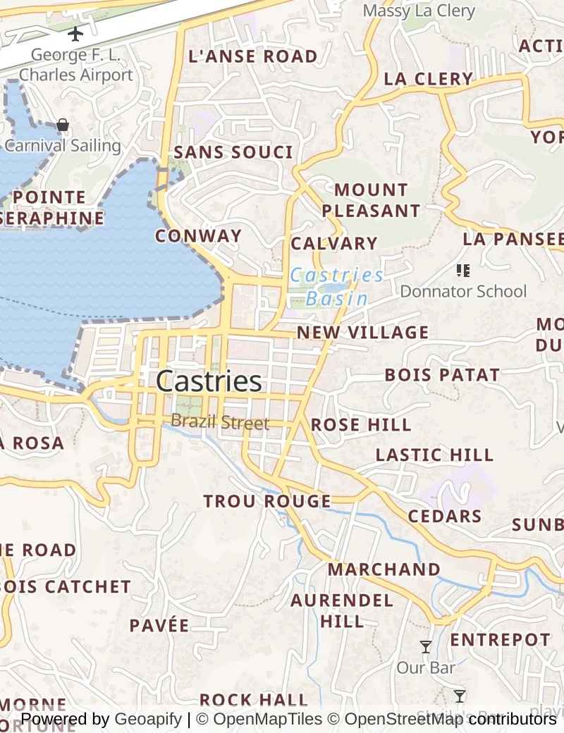 Street map of Castries, about half an hour's walk from side to side, with the cruise berth on it.