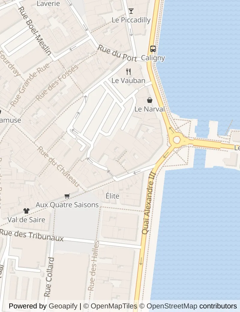 Closer street map of Cherbourg, about ten minutes' walk from side to side, showing the streets and what is on them.