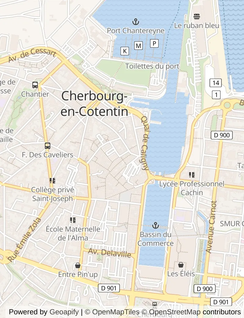 Street map of Cherbourg, about half an hour's walk from side to side, with the cruise berth on it.