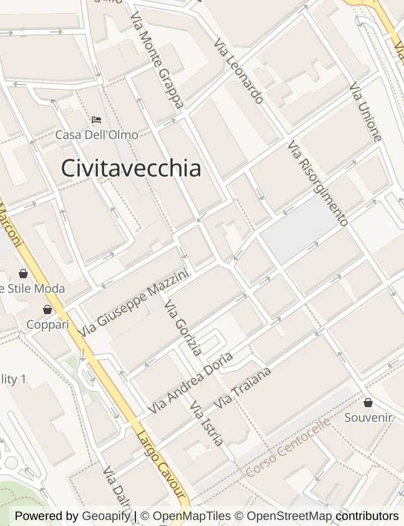 Closer street map of Civitavecchia (for Rome), about ten minutes' walk from side to side, showing the streets and what is on them.