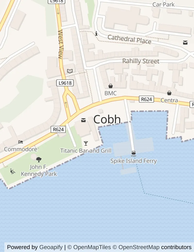 Closer street map of Cobh (tours to Cork), about ten minutes' walk from side to side, showing the streets and what is on them.