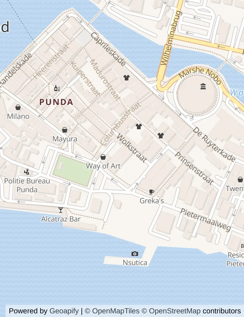 Closer street map of Curacao, about ten minutes' walk from side to side, showing the streets and what is on them.