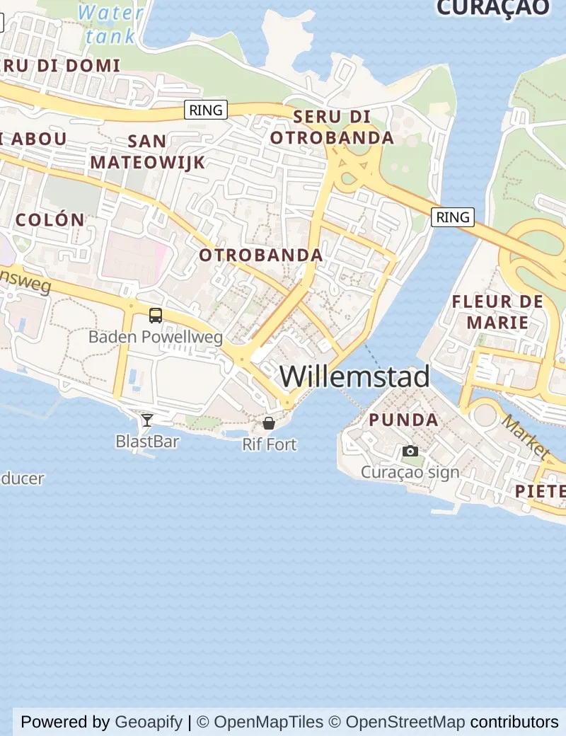 Street map of Curacao, about half an hour's walk from side to side, with the cruise berth on it.