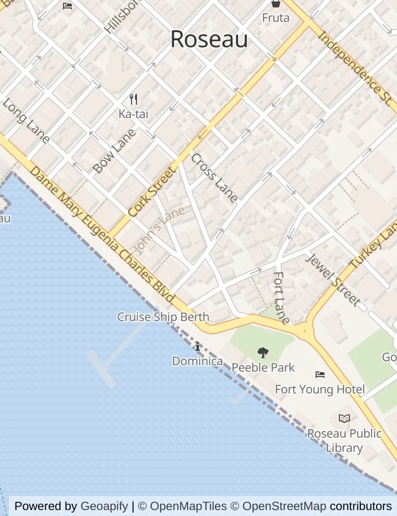 Closer street map of Dominica, about ten minutes' walk from side to side, showing the streets and what is on them.