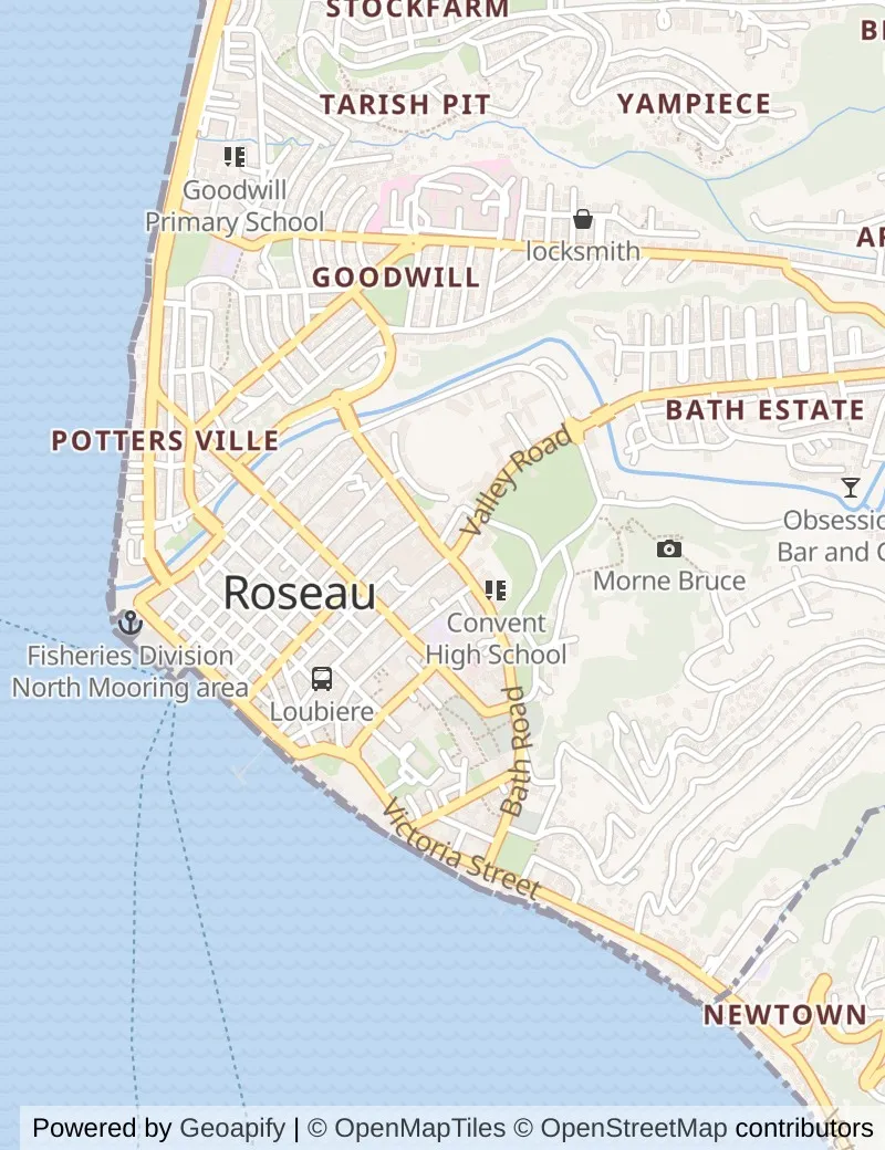 Street map of Dominica, about half an hour's walk from side to side, with the cruise berth on it.