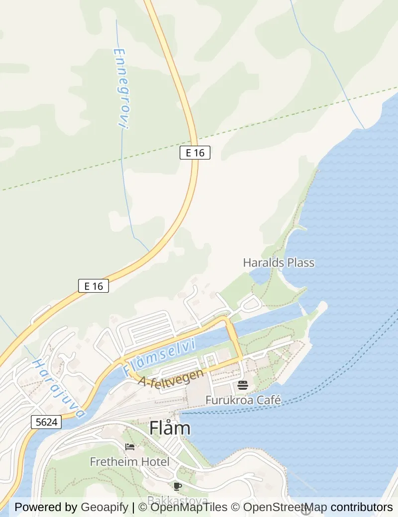 Street map of Flam, about half an hour's walk from side to side, with the cruise berth on it.