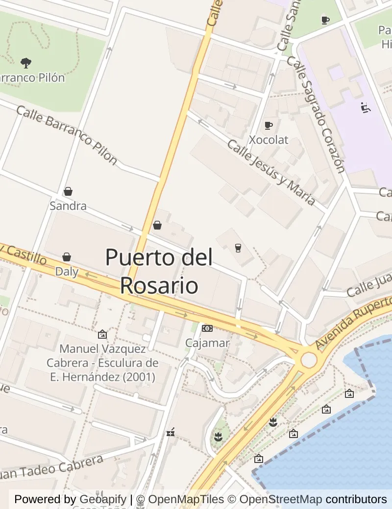 Closer street map of Fuerteventura, about ten minutes' walk from side to side, showing the streets and what is on them.
