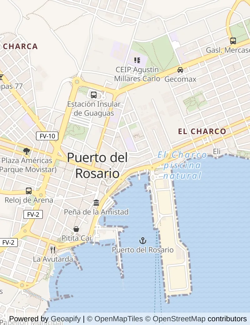 Street map of Fuerteventura, about half an hour's walk from side to side, with the cruise berth on it.