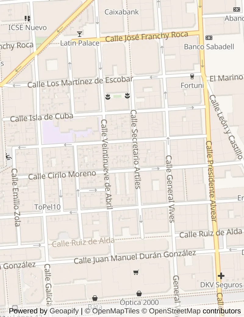 Closer street map of Gran Canaria, about ten minutes' walk from side to side, showing the streets and what is on them.