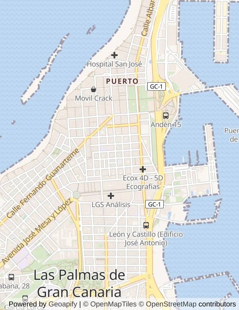 Street map of Gran Canaria, about half an hour's walk from side to side, with the cruise berth on it.
