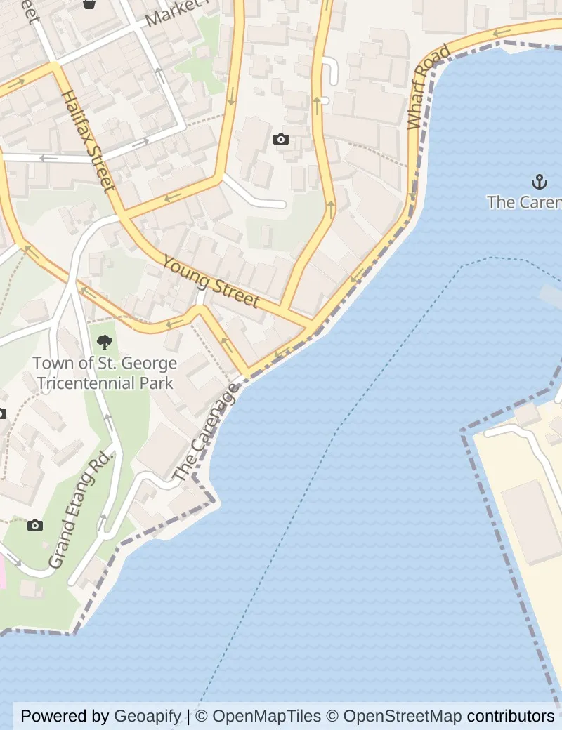 Closer street map of Grenada, about ten minutes' walk from side to side, showing the streets and what is on them.