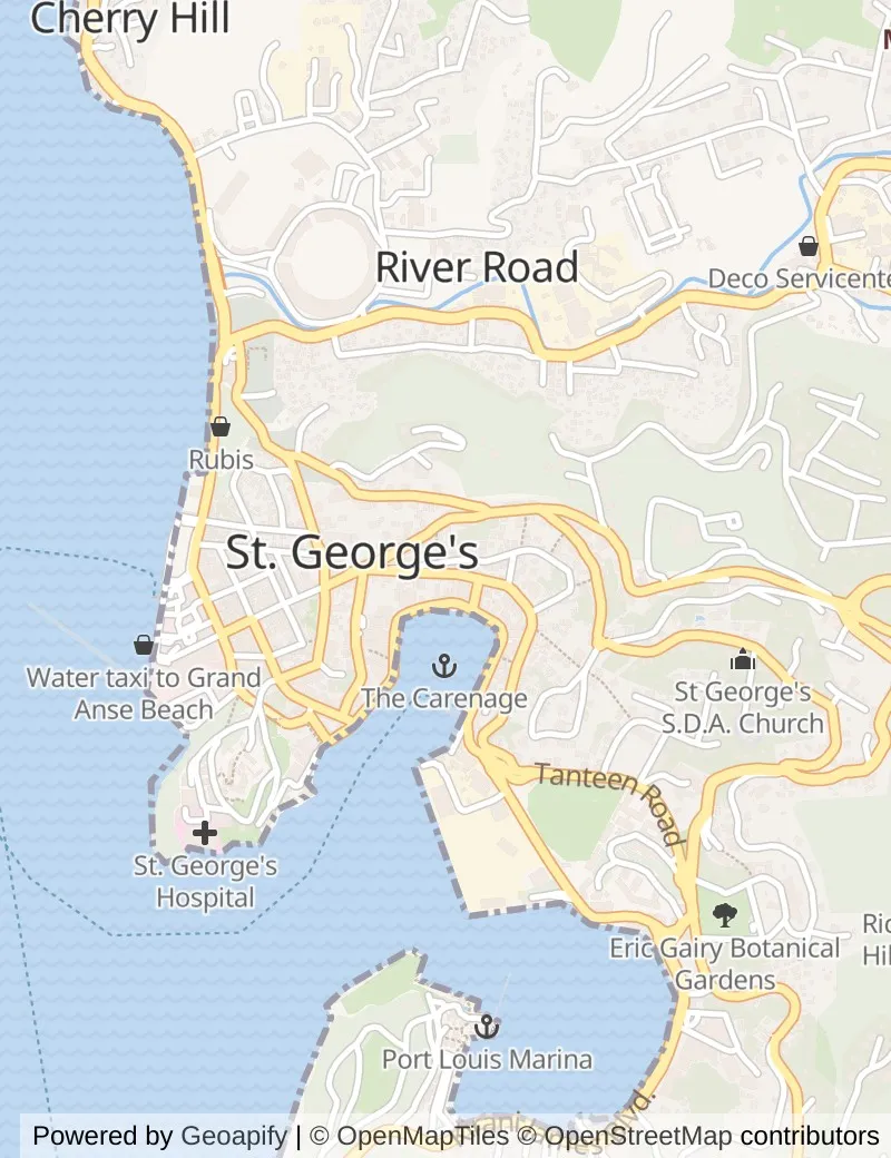 Street map of Grenada, about half an hour's walk from side to side, with the cruise berth on it.