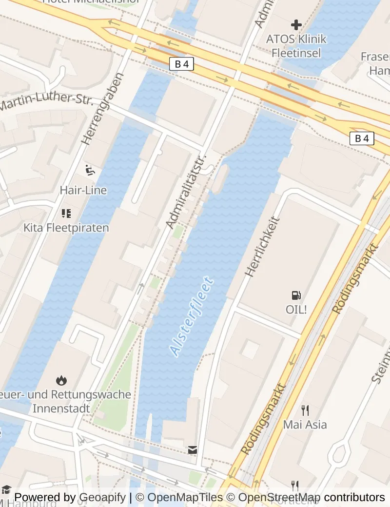 Closer street map of Hamburg, about ten minutes' walk from side to side, showing the streets and what is on them.