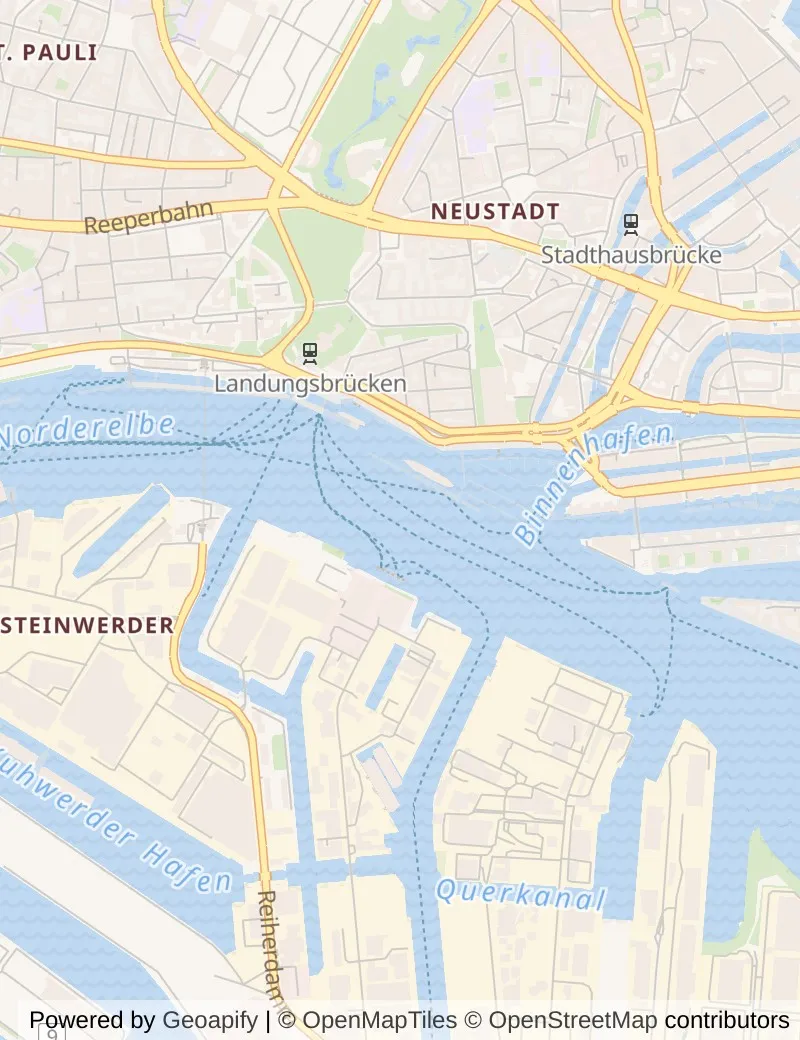 Street map of Hamburg, about half an hour's walk from side to side, with the cruise berth on it.