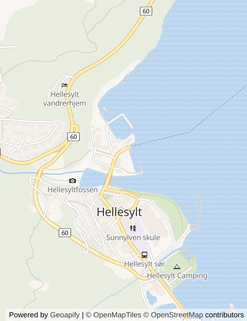 Street map of Hellesylt, about half an hour's walk from side to side, with the cruise berth on it.