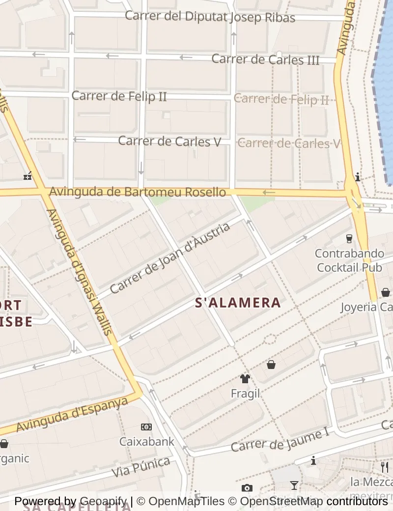 Closer street map of Ibiza, about ten minutes' walk from side to side, showing the streets and what is on them.