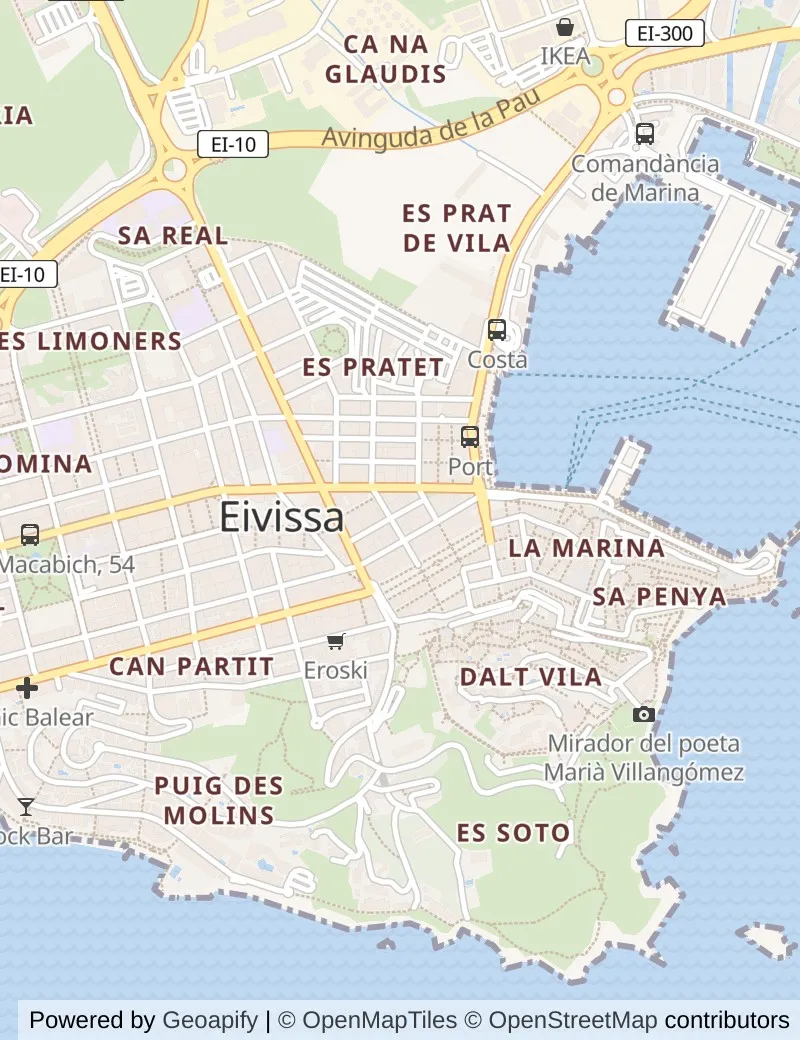 Street map of Ibiza, about half an hour's walk from side to side, with the cruise berth on it.