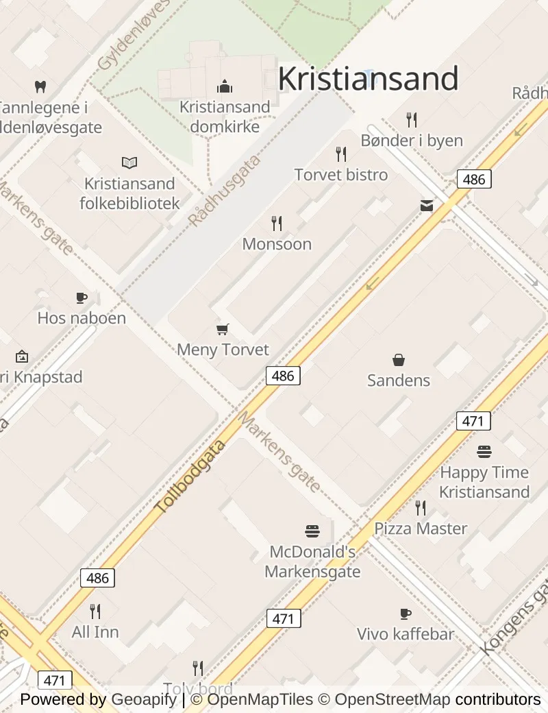 Closer street map of Kristiansand, about ten minutes' walk from side to side, showing the streets and what is on them.