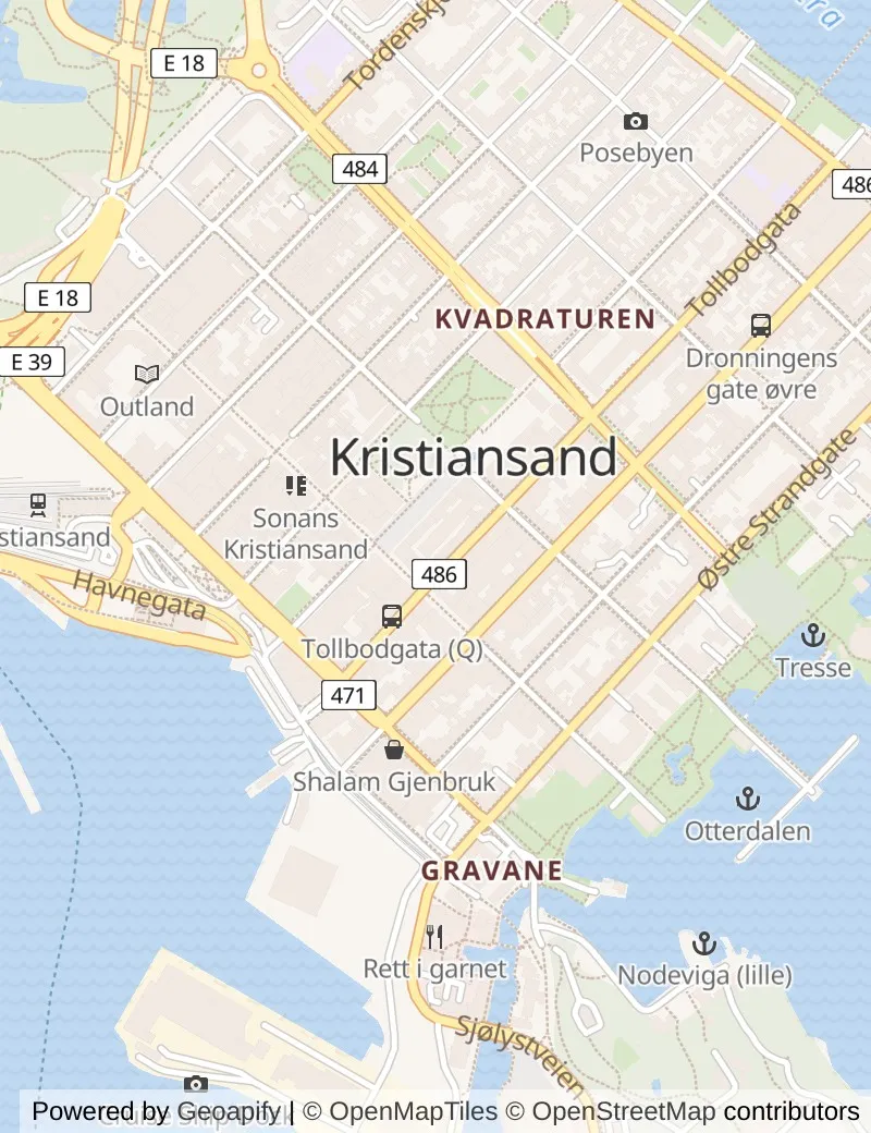 Street map of Kristiansand, about half an hour's walk from side to side, with the cruise berth on it.