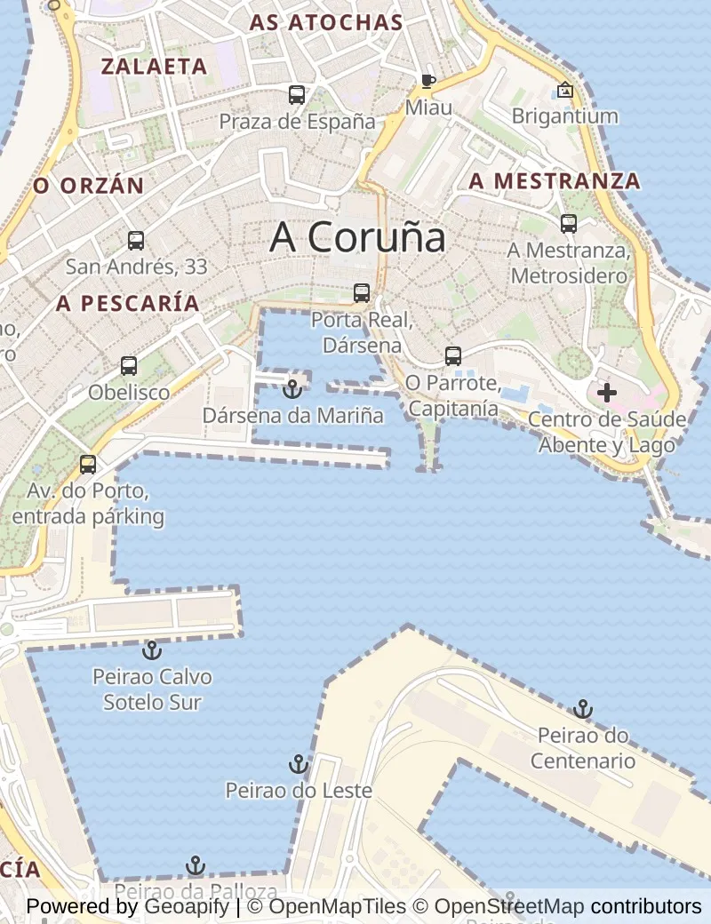 Street map of La Coruna, about half an hour's walk from side to side, with the cruise berth on it.