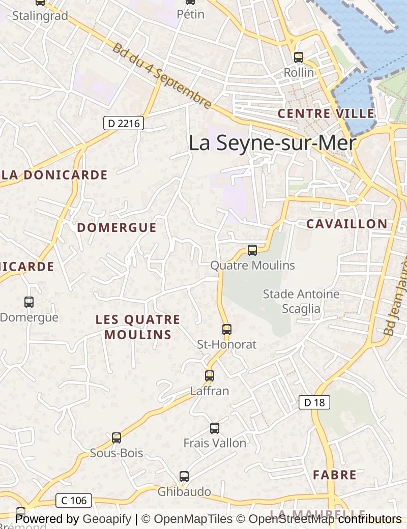 Street map of La Seyne-sur-Mer (for Toulon), about half an hour's walk from side to side, with the cruise berth on it.