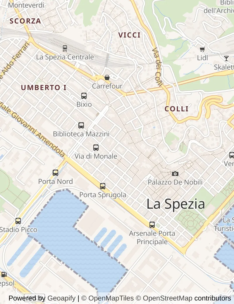 Street map of La Spezia (tours to Florence /Pisa), about half an hour's walk from side to side, with the cruise berth on it.