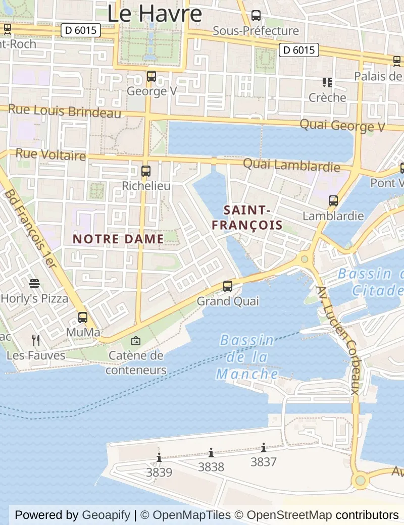 Street map of Le Havre, about half an hour's walk from side to side, with the cruise berth on it.