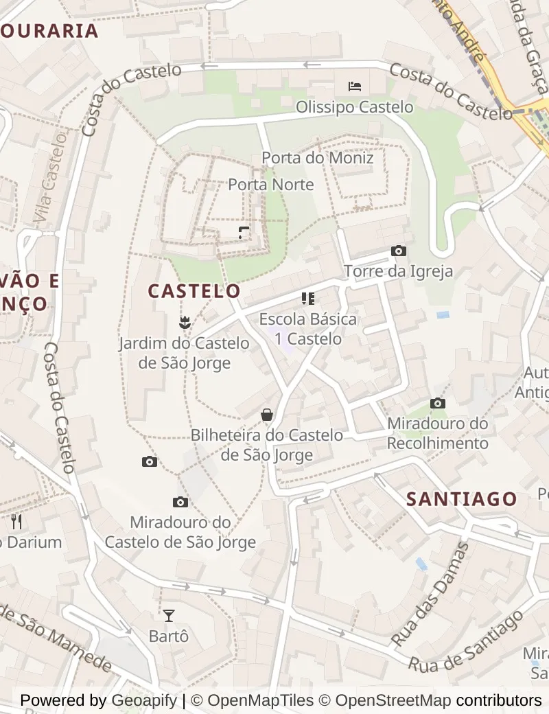 Closer street map of Lisbon, about ten minutes' walk from side to side, showing the streets and what is on them.