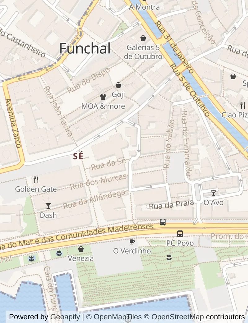 Closer street map of Madeira, about ten minutes' walk from side to side, showing the streets and what is on them.