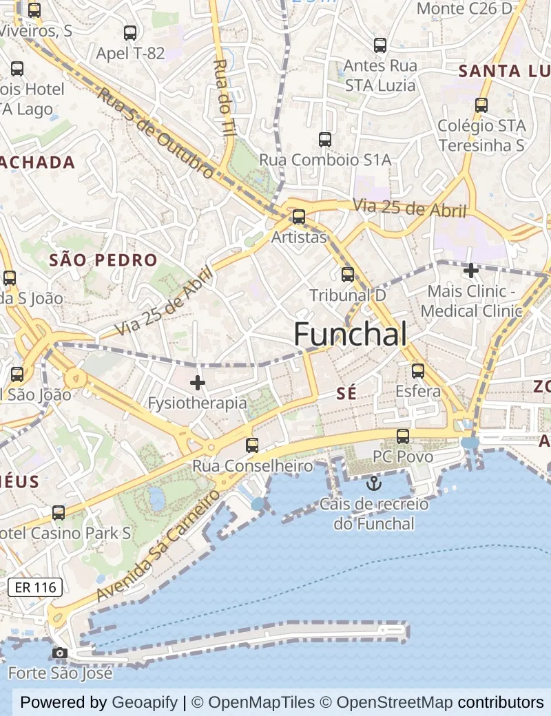 Street map of Madeira, about half an hour's walk from side to side, with the cruise berth on it.