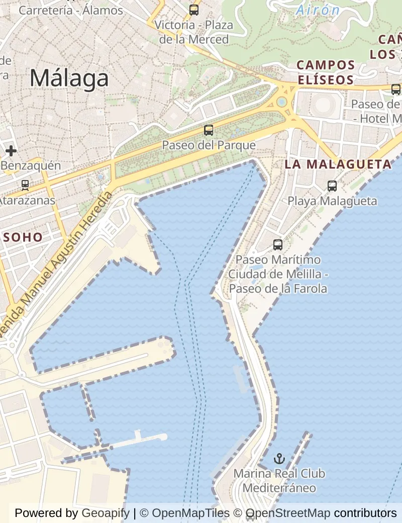 Street map of Malaga, about half an hour's walk from side to side, with the cruise berth on it.
