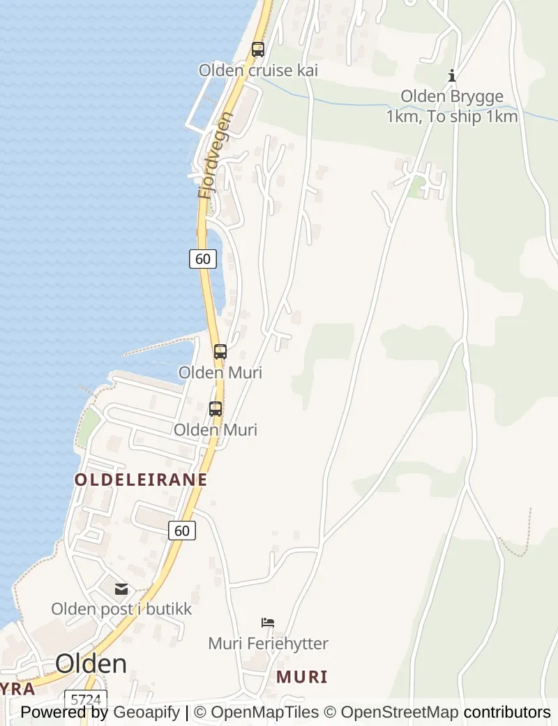 Street map of Olden, about half an hour's walk from side to side, with the cruise berth on it.
