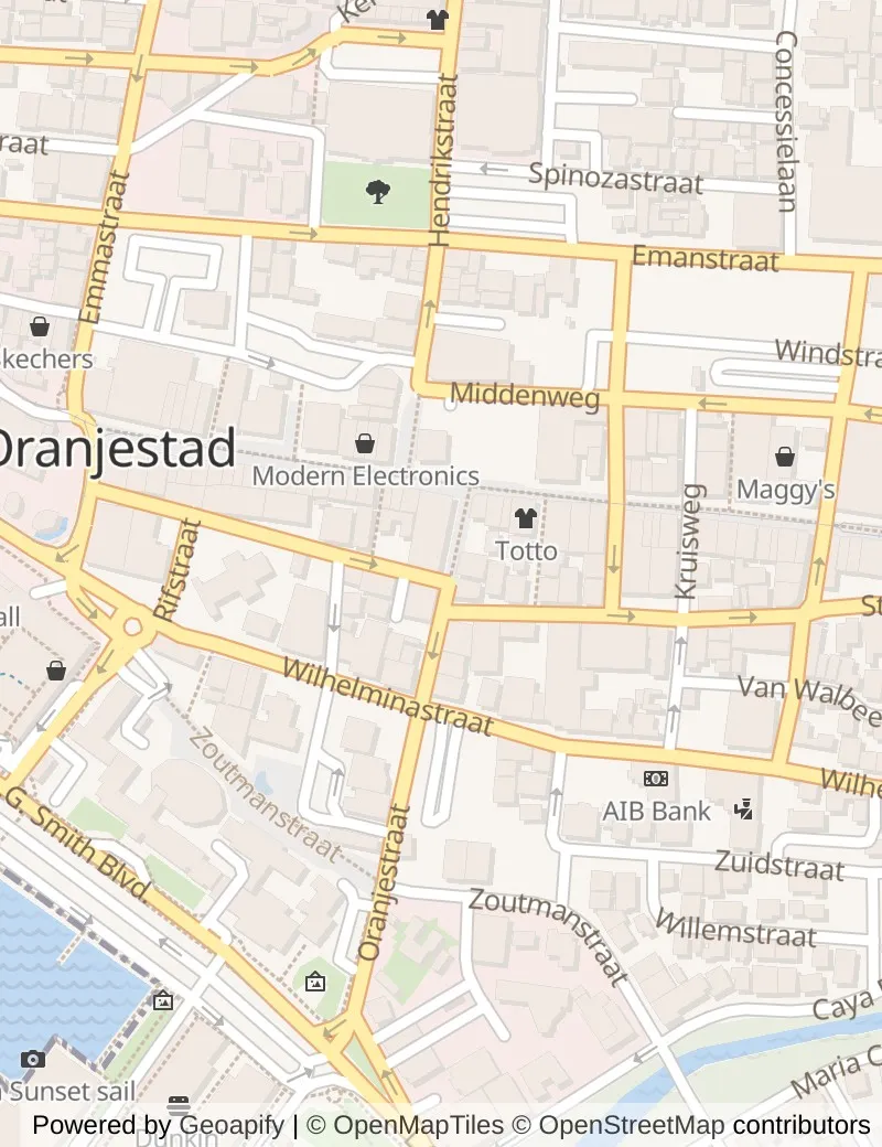 Closer street map of Oranjestad, about ten minutes' walk from side to side, showing the streets and what is on them.