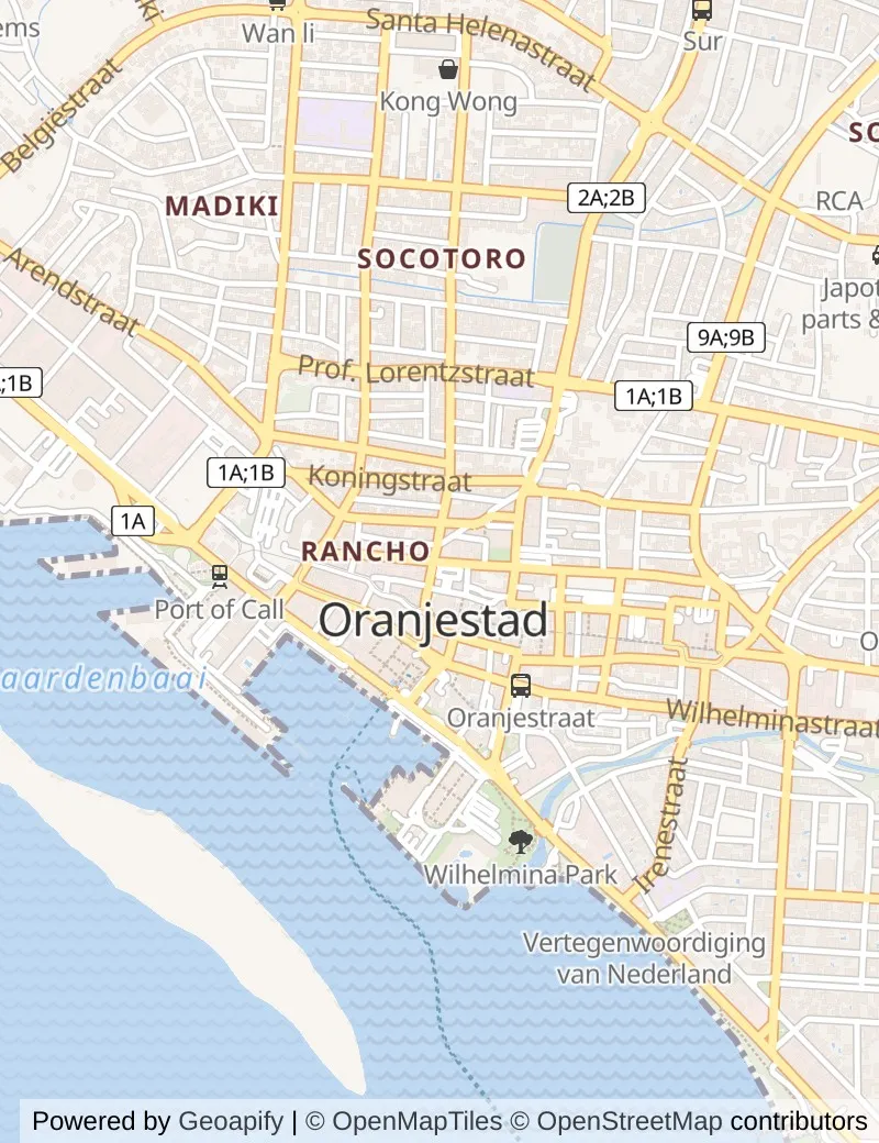 Street map of Oranjestad, about half an hour's walk from side to side, with the cruise berth on it.