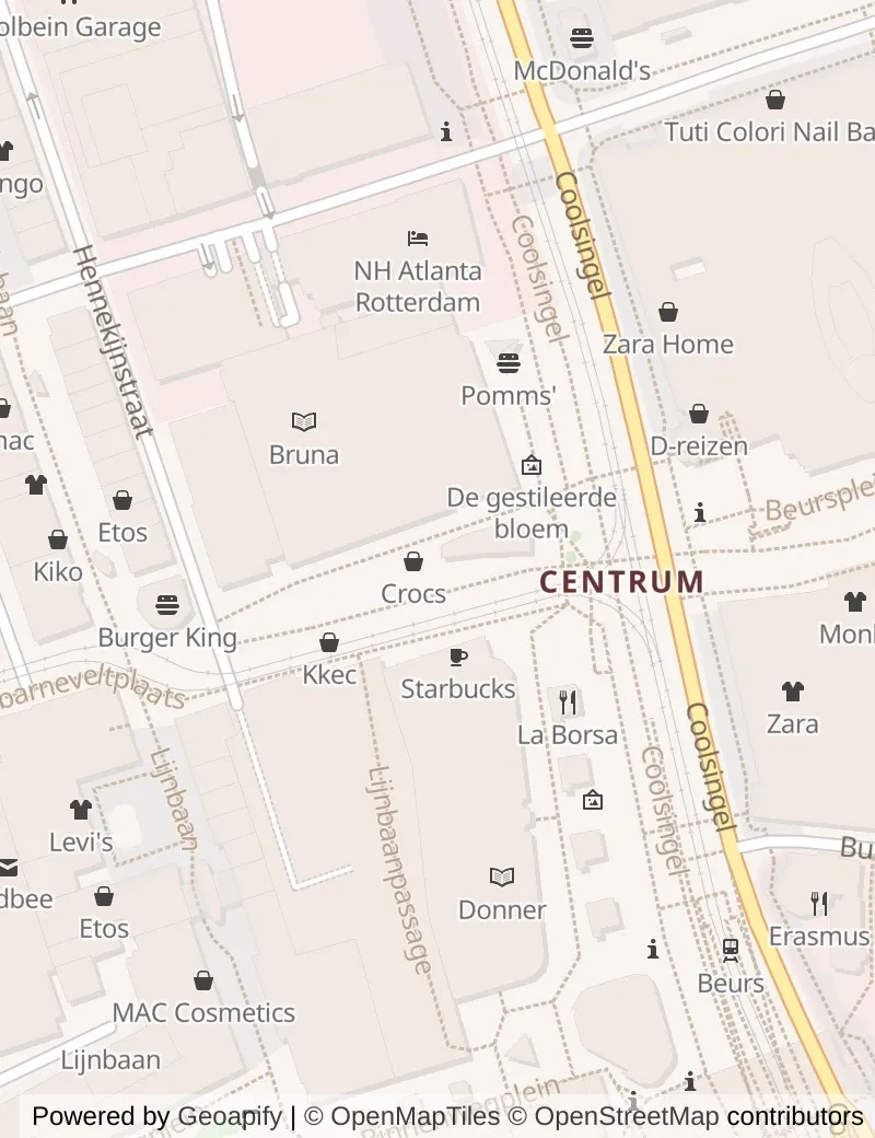 Closer street map of Rotterdam, about ten minutes' walk from side to side, showing the streets and what is on them.