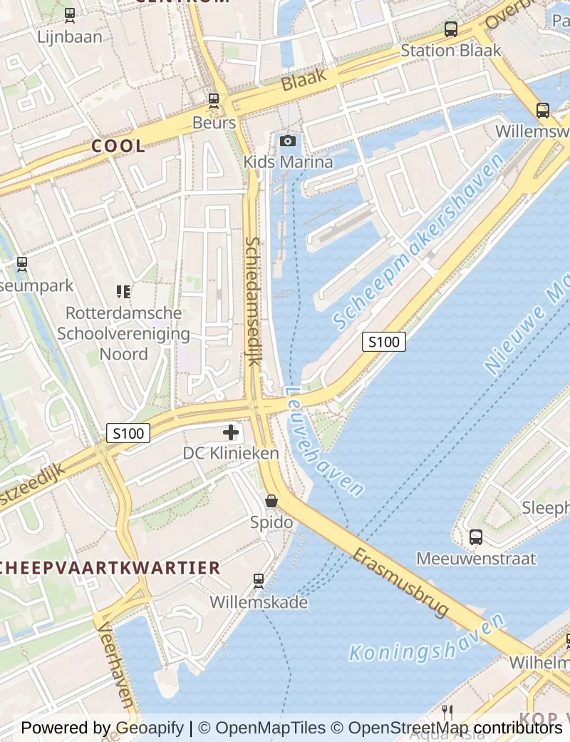Street map of Rotterdam, about half an hour's walk from side to side, with the cruise berth on it.
