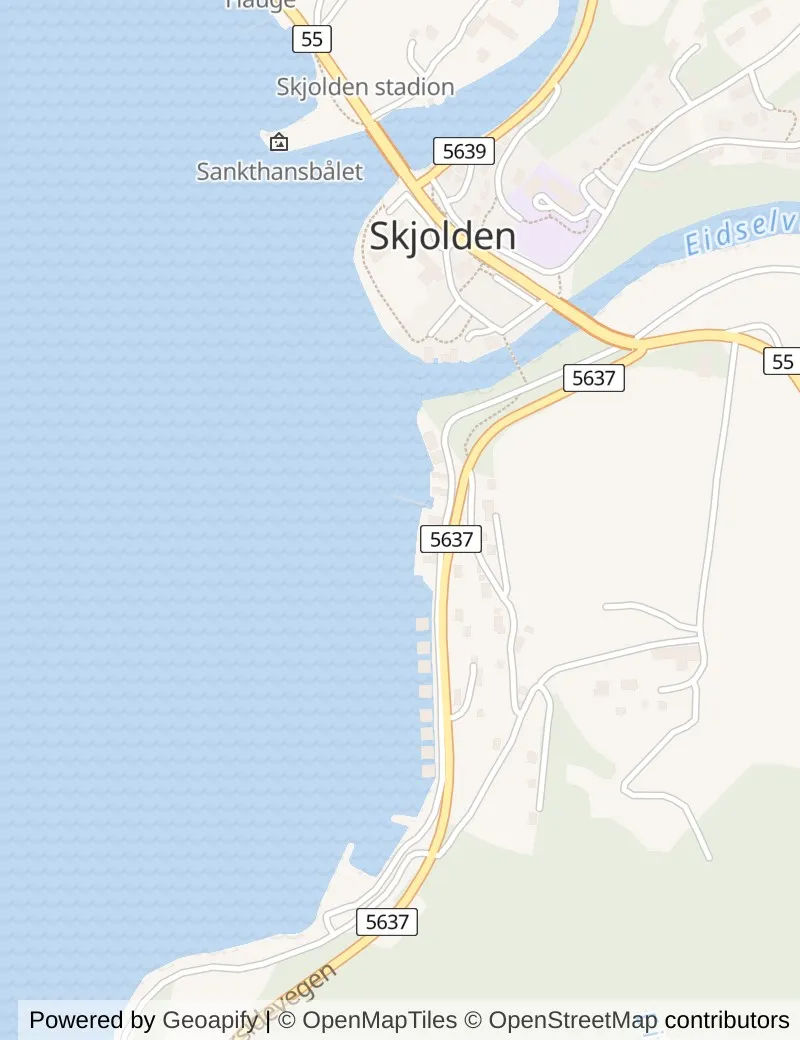 Street map of Skjolden, about half an hour's walk from side to side, with the cruise berth on it.
